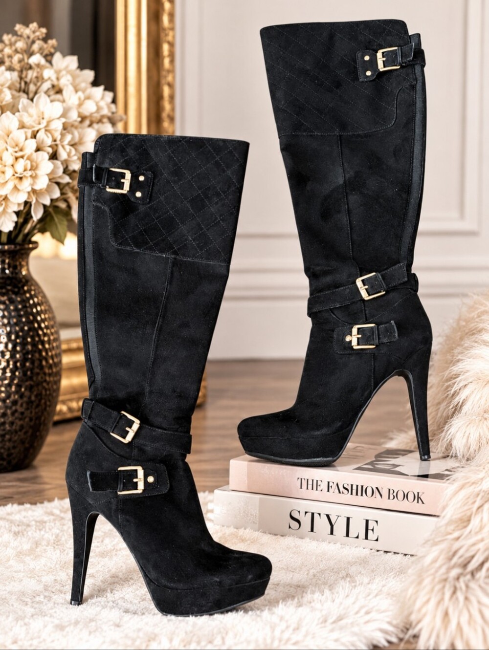 GUESS Black Suede Quilted KNEE HIGH PLATFORM Stilleto Baddie Buckle BOOTS SZ 8